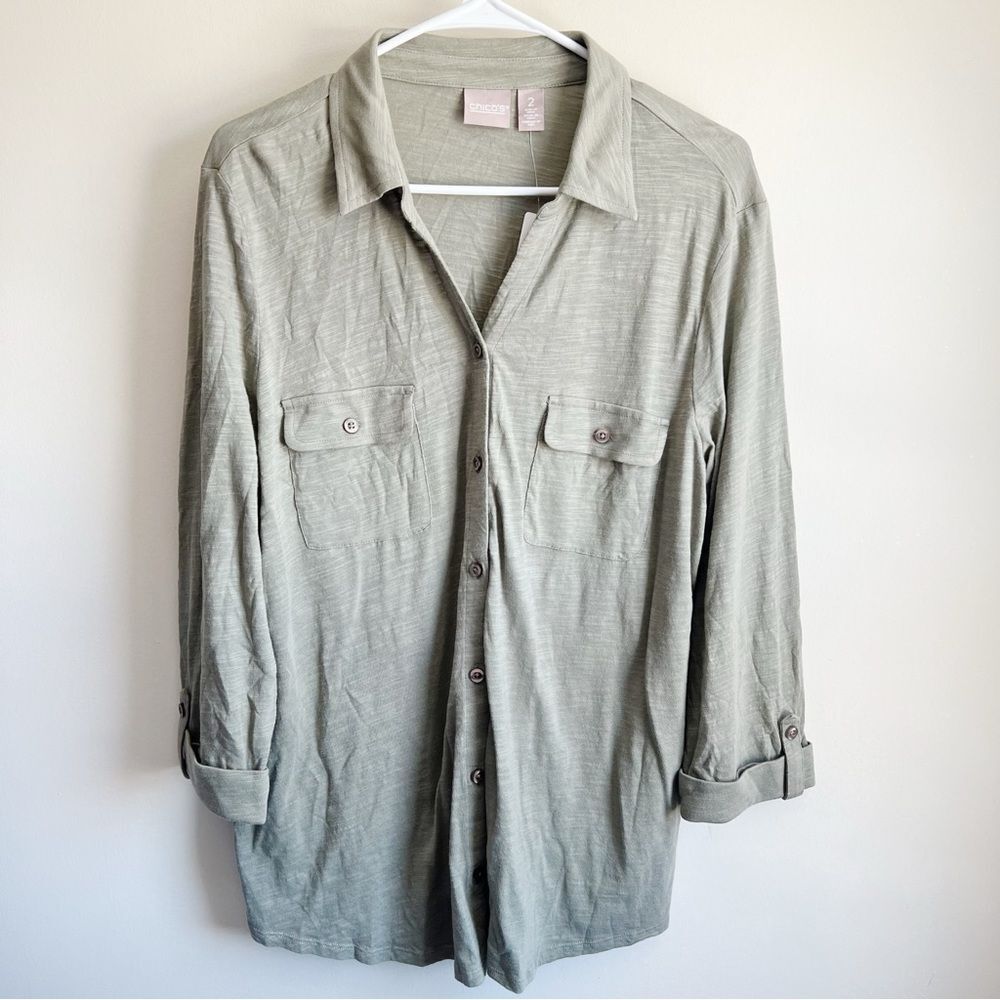 Chicos Army Green Button Front Tab 3/4 Sleeve Blouse NWT 2